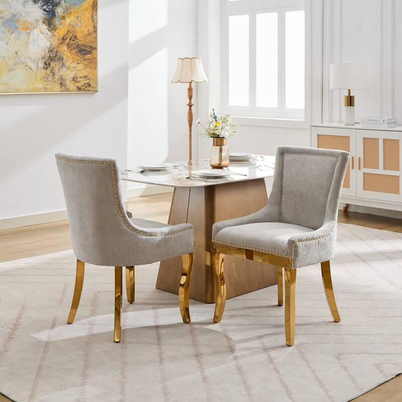 Chenille Dining Chairs, Modern Upholstered Accent Chair with Curved Gold-Plated Legs & Rivet Trim, Plush Fabric, Set of 2