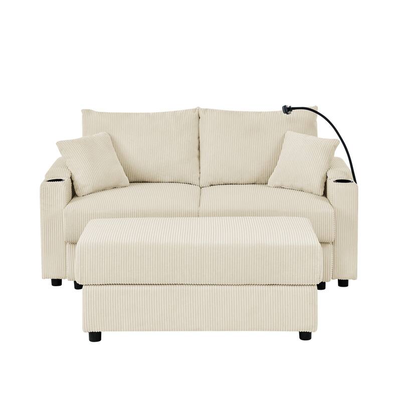 Deep Seat Loveseat Sectional Sofa Corduroy Upholstered Lounge Couch with Ottoman, Storage Armrests, Cup Holders and Phone Stand