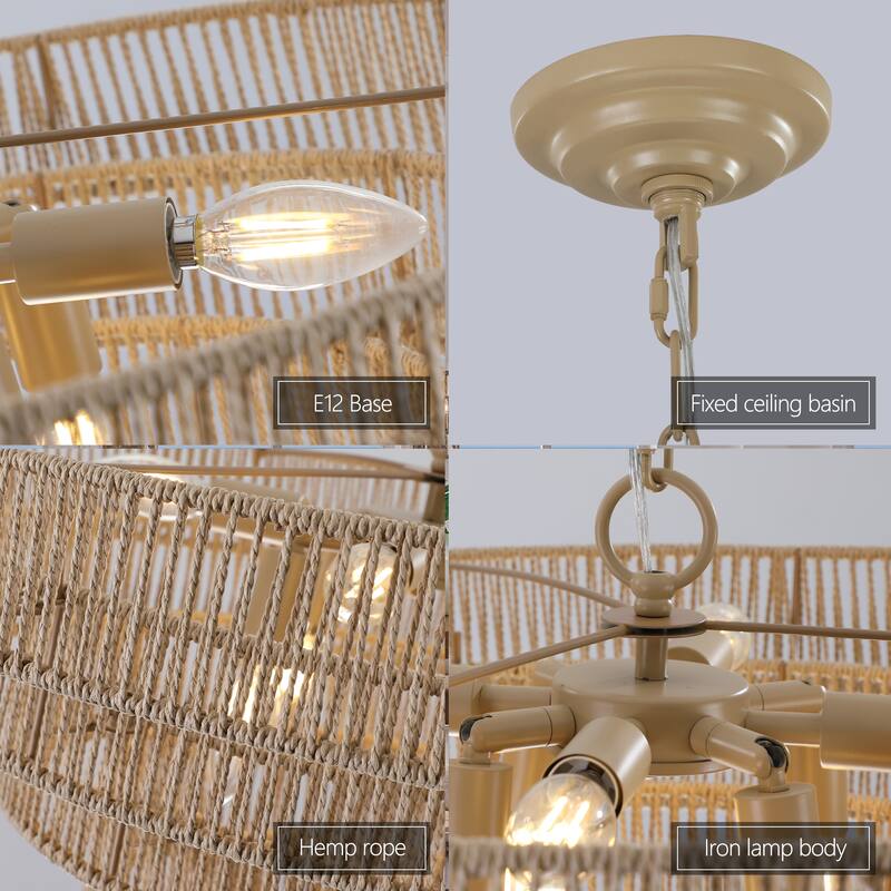 24" Modern 5-Layer Woven Hemp Rope Chandelier, Boho Style Pendant Light, Elegant Hanging Light Fixture for Living Room, Bedroom