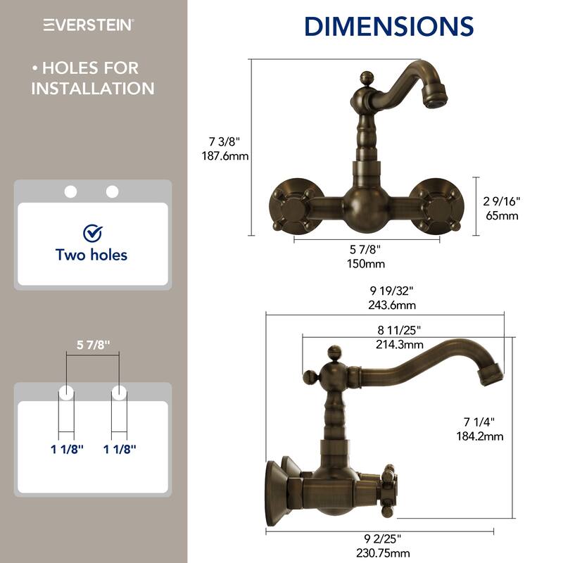 Wall Mounted Vintage Bathroom Sink Faucet, Double Handle Antique Bronze Bathroom Faucet