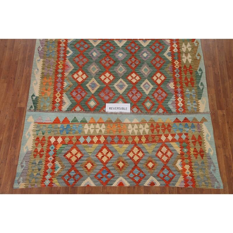 Hand Woven Oriental 100% Wool Carpet Southwestern Geometric Green Kilim Area Rug - 9' 8'' X 6' 8''
