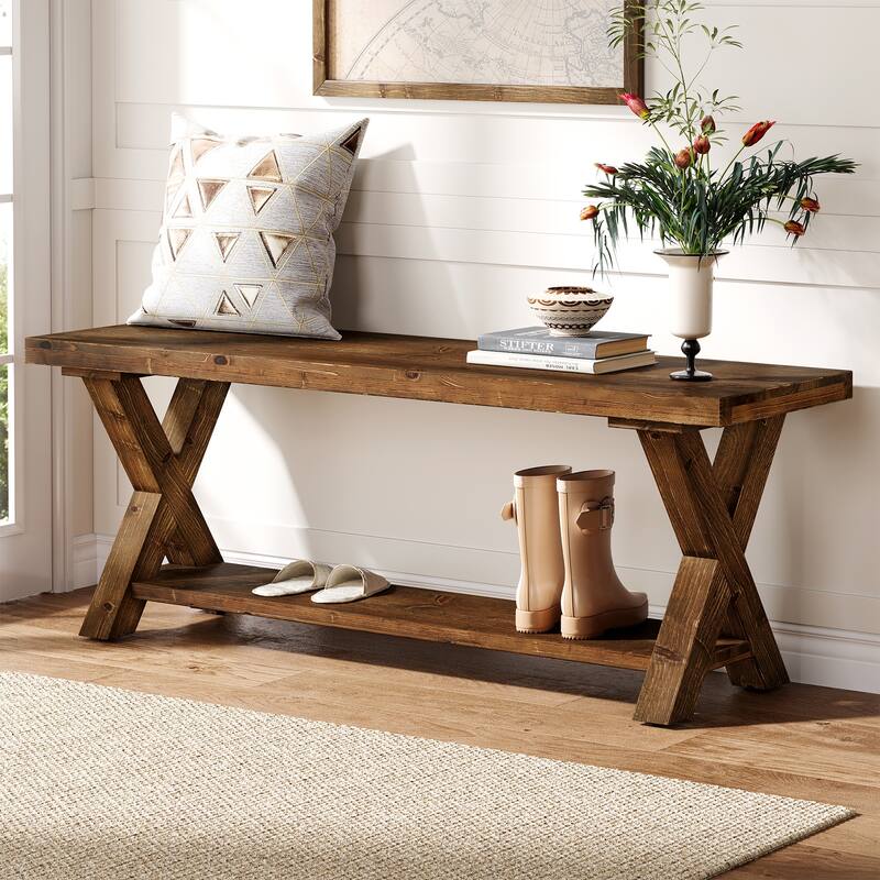 43.3 Inch Farmhouse Solid Wood Entryway Shoe Bench