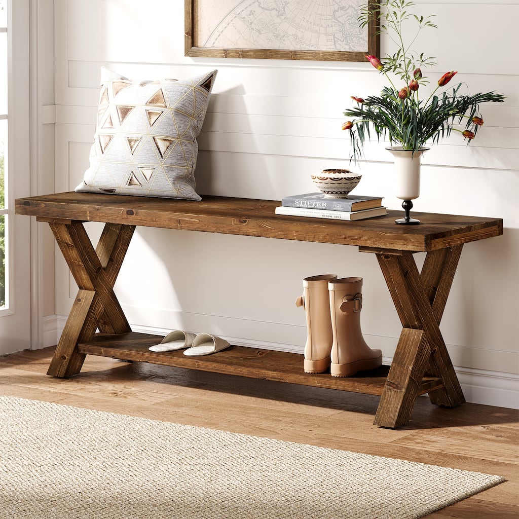43.3 Inch Farmhouse Solid Wood Entryway Shoe Bench