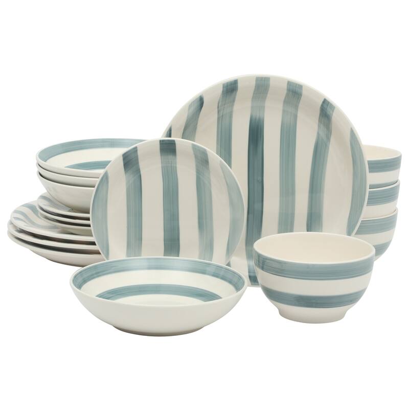 Gibson Home Kenwood Shores 16 Piece Stoneware Dinnerware Set, Hand-Painted Plates and Bowls, Service for 4 - Blue