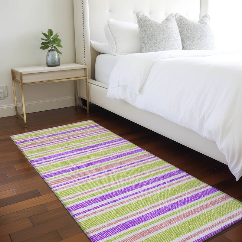 Machine Washable Indoor/ Outdoor Thin Cabana Stripe Chantille Rug