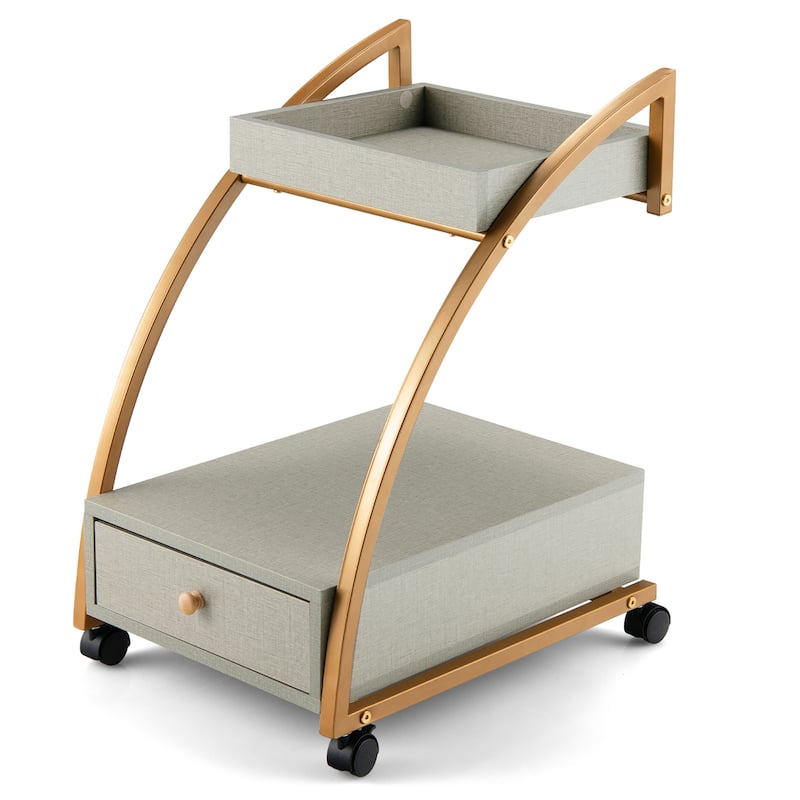 Rolling End Table w/Storage Drawer Tray Top 4 Casters Bedside Trolley - Grey + Gold