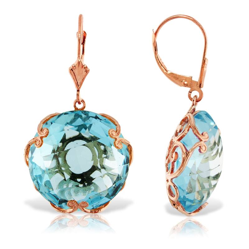 14K Solid Gold Leverback Gemstone Earrings Round Blue Topaz Jewelry - Rose