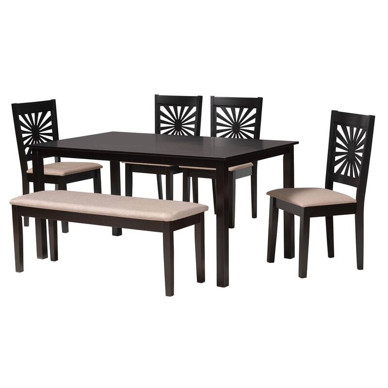 Olympia Modern styled Fabric Upholstered and Brown Finished Wood Dining Set - Beige, Espresso Brown - 6-Piece