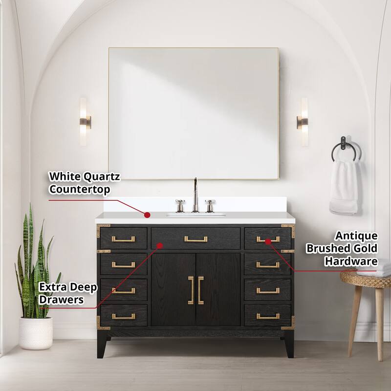 Laurel 48 in W x 22 in D Black Oak Single Bath Vanity, White Quartz Top, and 46 in Mirror