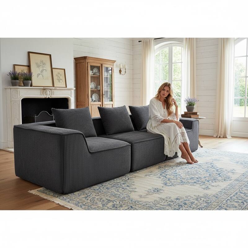 Modular Sectional Sofa with Pillows, Corduroy Upholstered 3-Seater Sofa, All-Compressed Foam Sofa for Living Room, Apartment