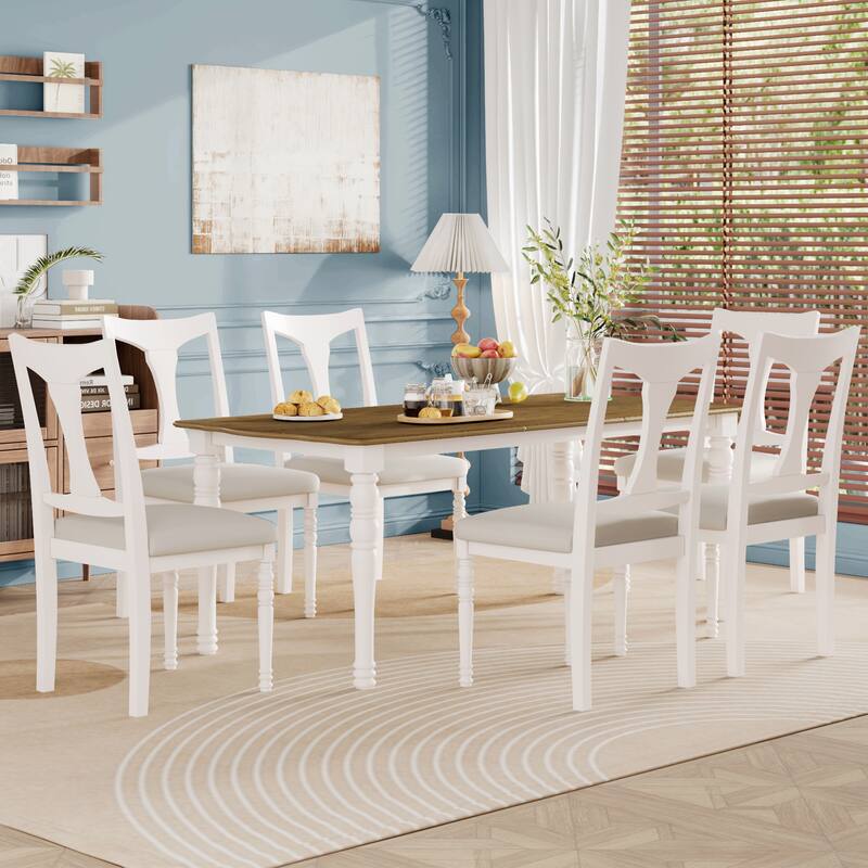 7-Piece Dining Table Set,Extendable Wood Dining Table with Removable Leaf, Kitchen Table Set with 6 Upholstered Side Chair - Natural+White