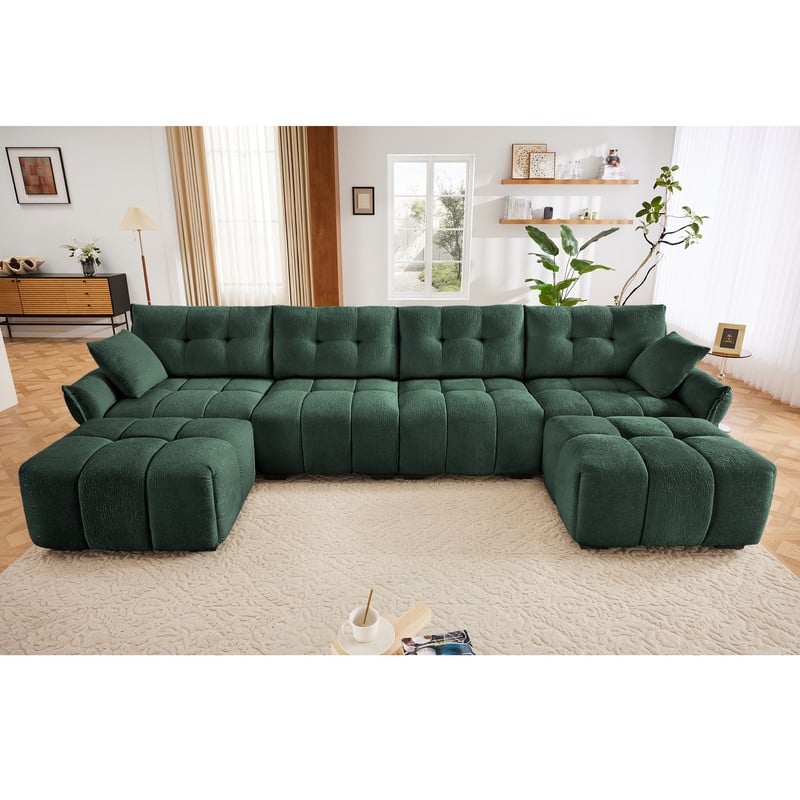 141.7" Chenille 4 Seater Upholstered Sofa with 2 Ottoman - Green