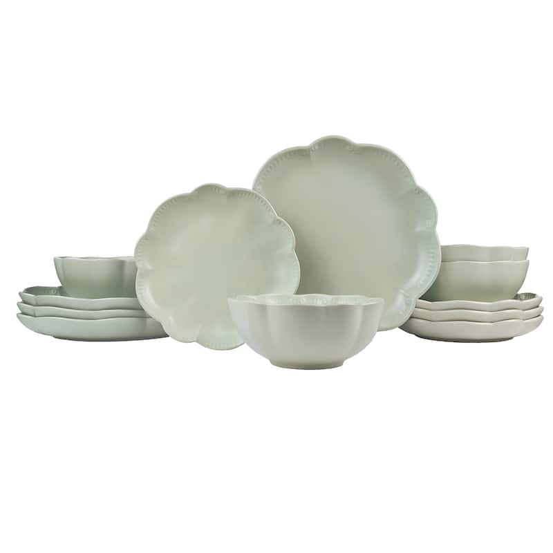 Sango Bethany 12-Piece Stoneware Dinnerware Set - Service for 4, Scalloped Plate & Bowl Set - Sage Green - 12 Piece