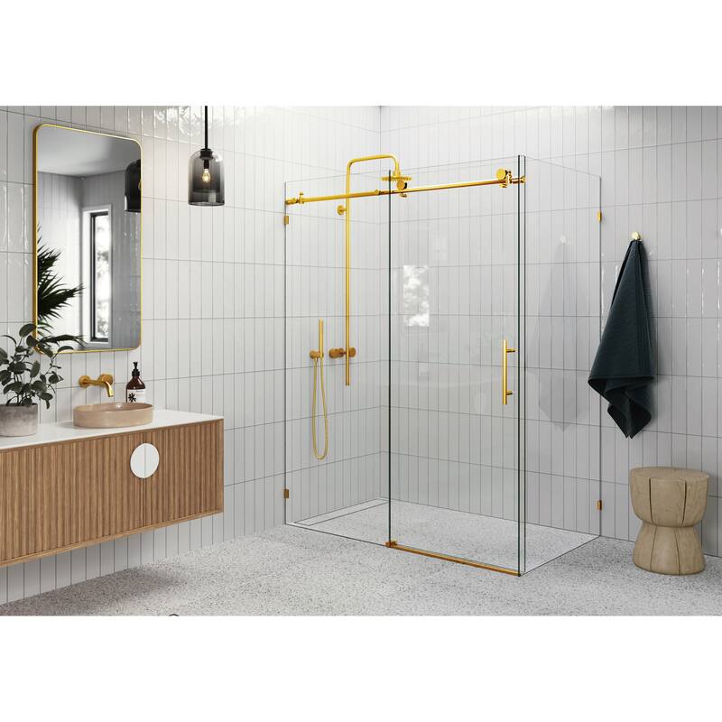 Nova 64 in. x 38 in. x 78 in. Fully Frameless 90-degree Slider Shower Enclosure - Satin Brass