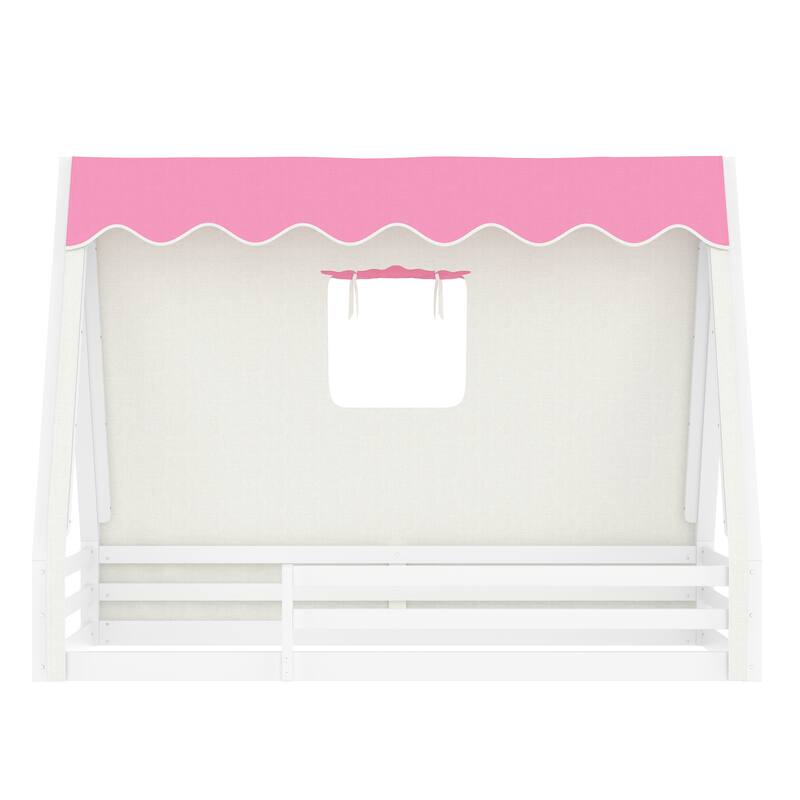 Teepee Montessori Bed for Toddlers, House-shaped Platform Bed Kids Playful Floor Bed with Tent, Sunroof and Light Strip