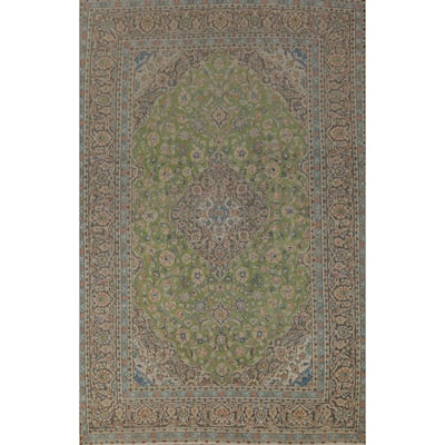 Floral Green Mashad Persian Vintage Rug Handmade Wool Carpet - 8'0" x 11'3"