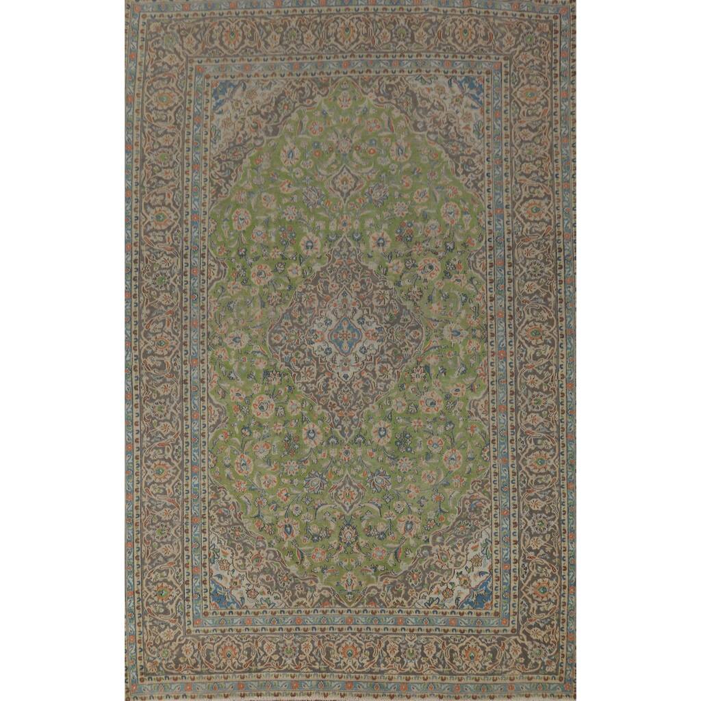 Floral Green Mashad Persian Vintage Rug Handmade Wool Carpet - 8'0" x 11'3"