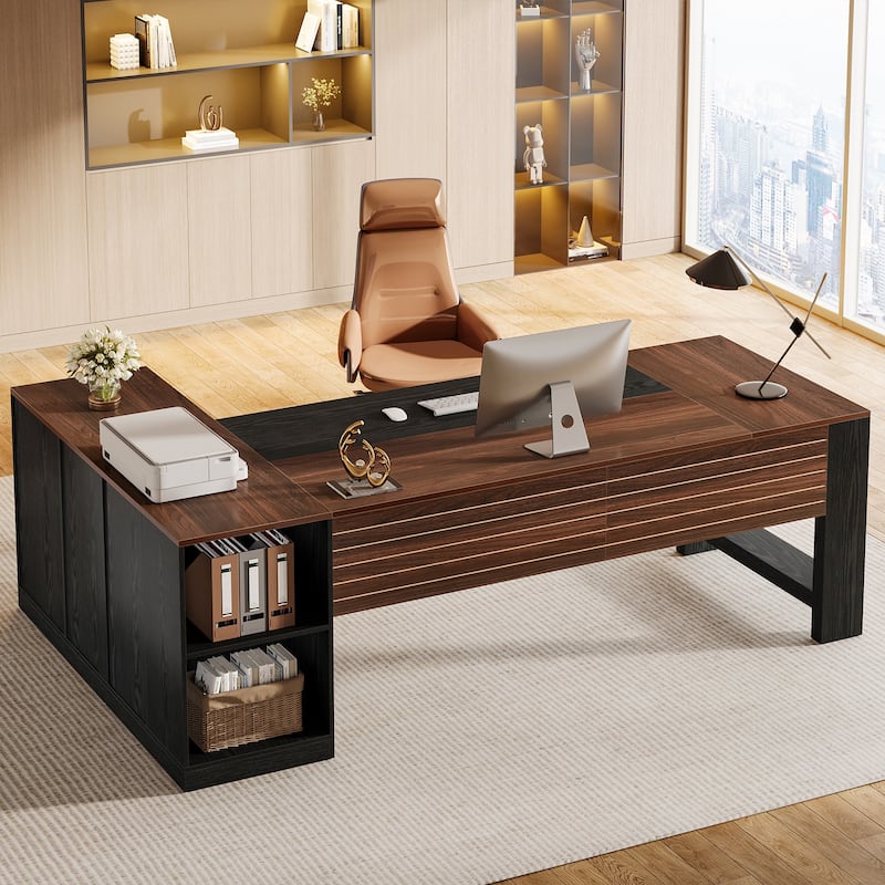 78" L-Shaped Executive Desk with Drawers & Cabinet, Modern Corner Workstation - Brown