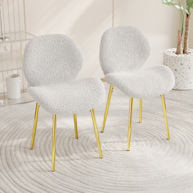 GDFStudio - Calrix Minimalist Teddy Velvet Upholstered Dining Chair Set, Sturdy Golden Metal Legs & Sculpted Backrest, Set of 2 - White