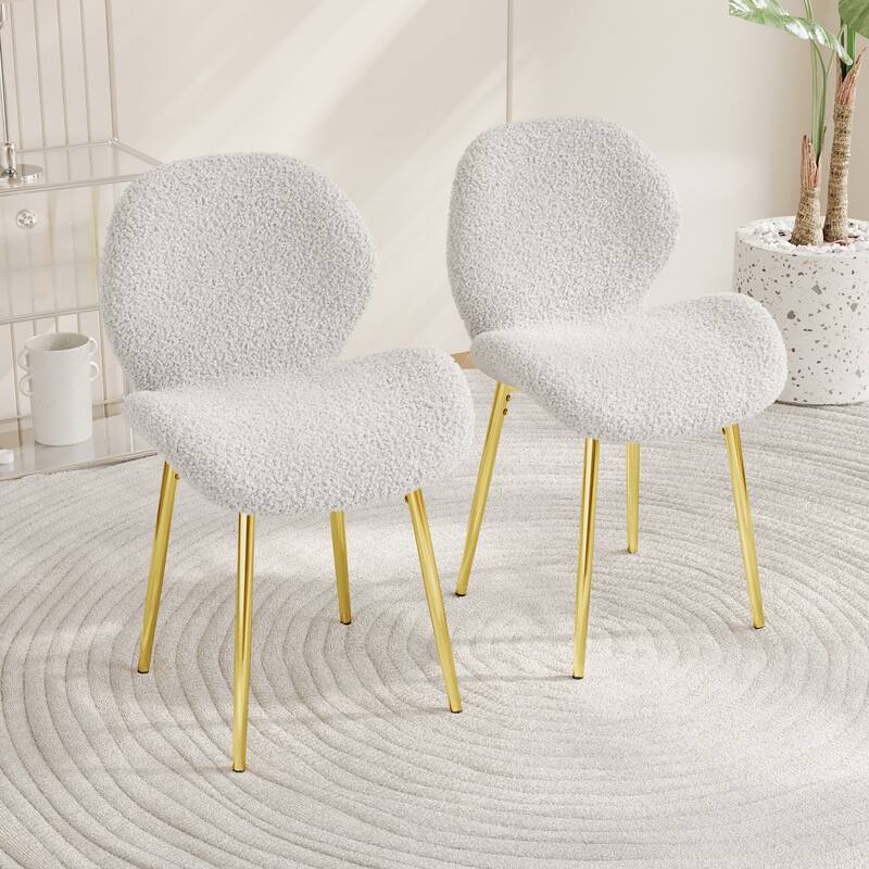 Teddy Velvet Dining Chairs Set of 2, Upholstered Armless Side Chair with Shell Backrest, Accent Chairs with Metal Legs - White