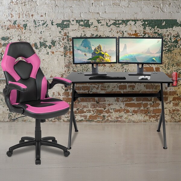 Offex Gaming Desk and Racing Chair Set with Cup Holder Pink