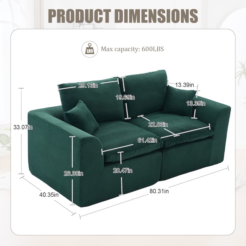 Ergonomic Corduroy Cloud Couch Modular Loveseat Sofa with Curved Armrests, High-Density Foam Support and Detachable Covers