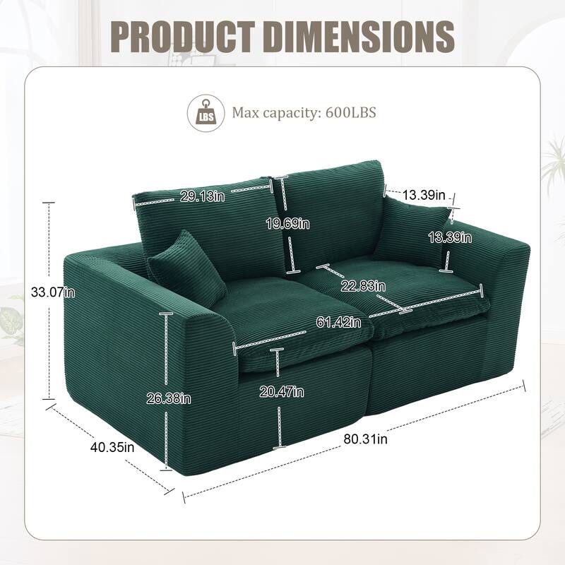 Modern 2-Seater Corduroy Cloud Sofa Modular 2-Piece Sectional Sofa with Removable Covers, for Living Room, Bedroom, Emerald