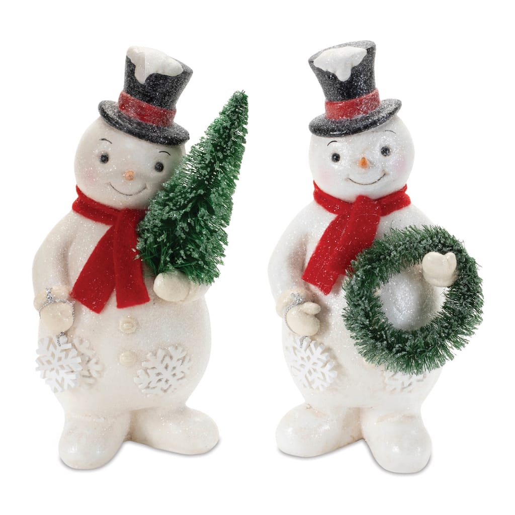 Paper Pulp and Sisal Wood Snowman Figurine Set of 2 with Glitter Finish - 4” x 4” x 8” (L x W x H)