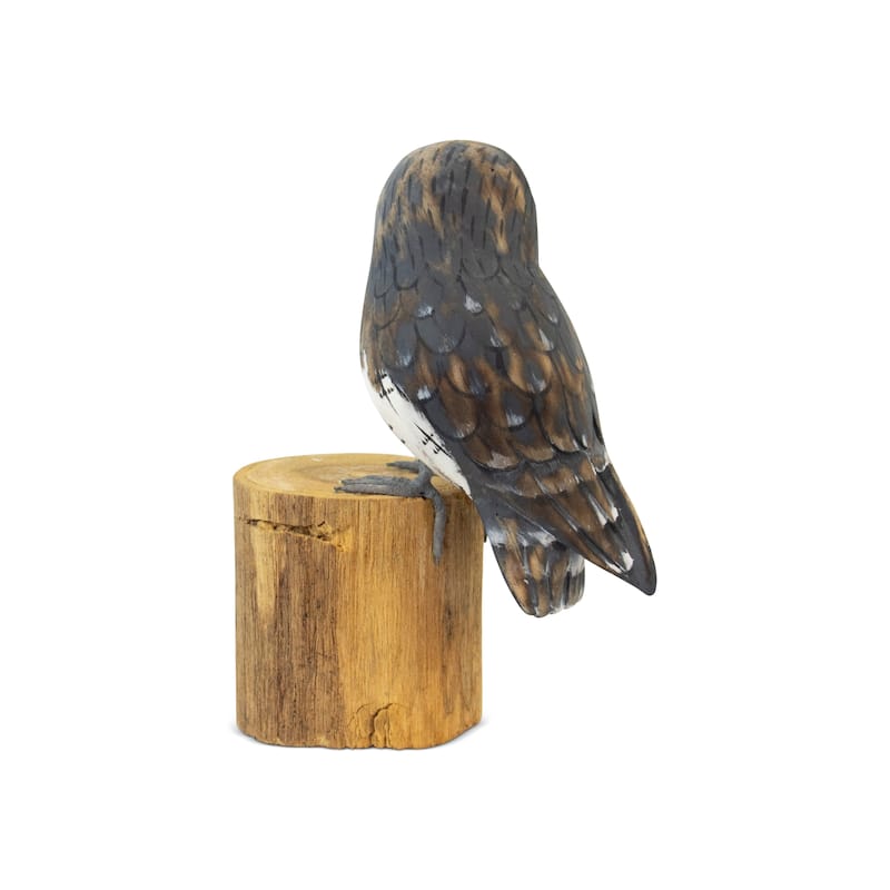 10" Wooden Hand Carved Barn Owl Standing on Log Statue Bird Figurine Sculpture Home Decor Accent Handcrafted Decoration Handmade