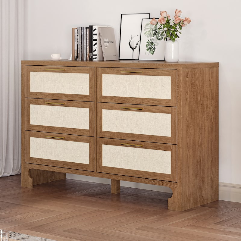 6 Drawers Dresser for Bedroom，Wooden Burlap Design Dressers