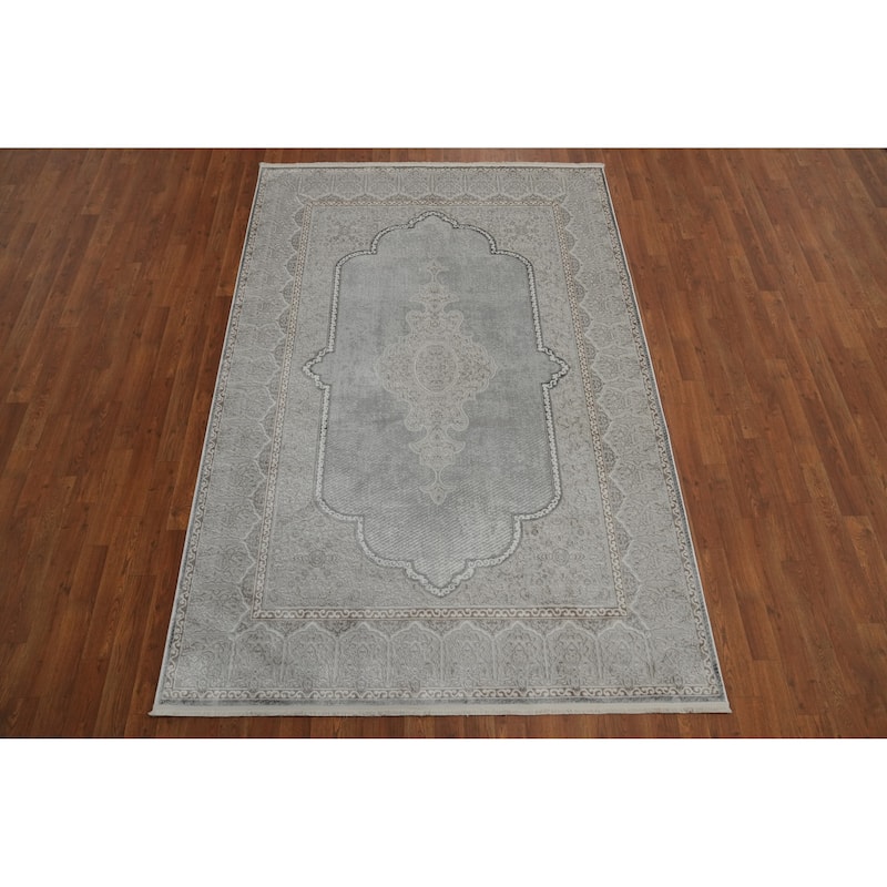 Machine Made Oriental Polyester Carpet Traditional Medallion Greys & Charcoal Tabriz Area Rug - 7' 5'' X 5' 2''