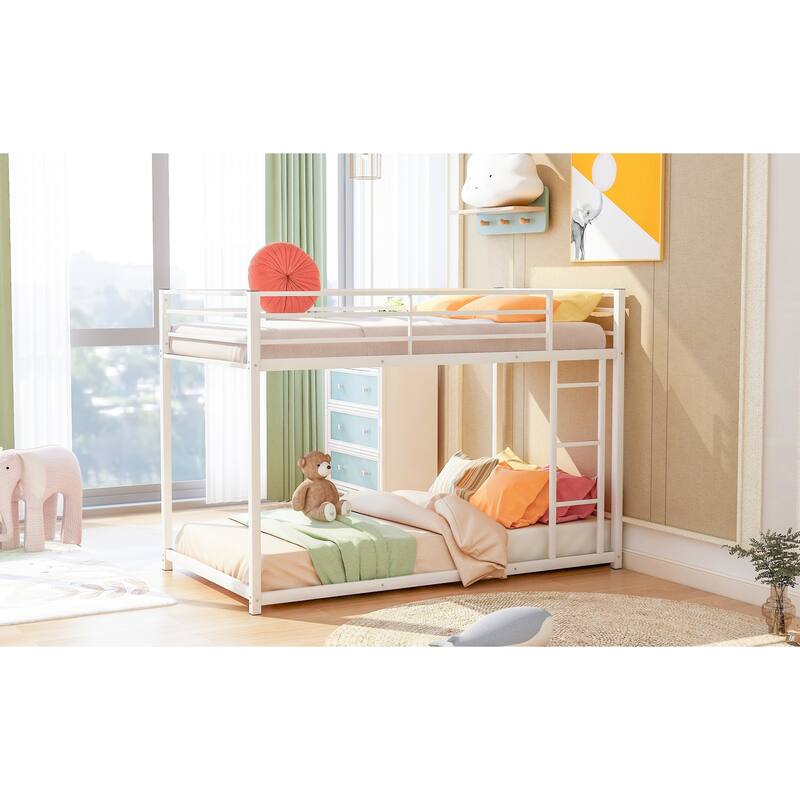 Twin over Twin Metal Bunk Bed, Low Bunk Bed with Ladder