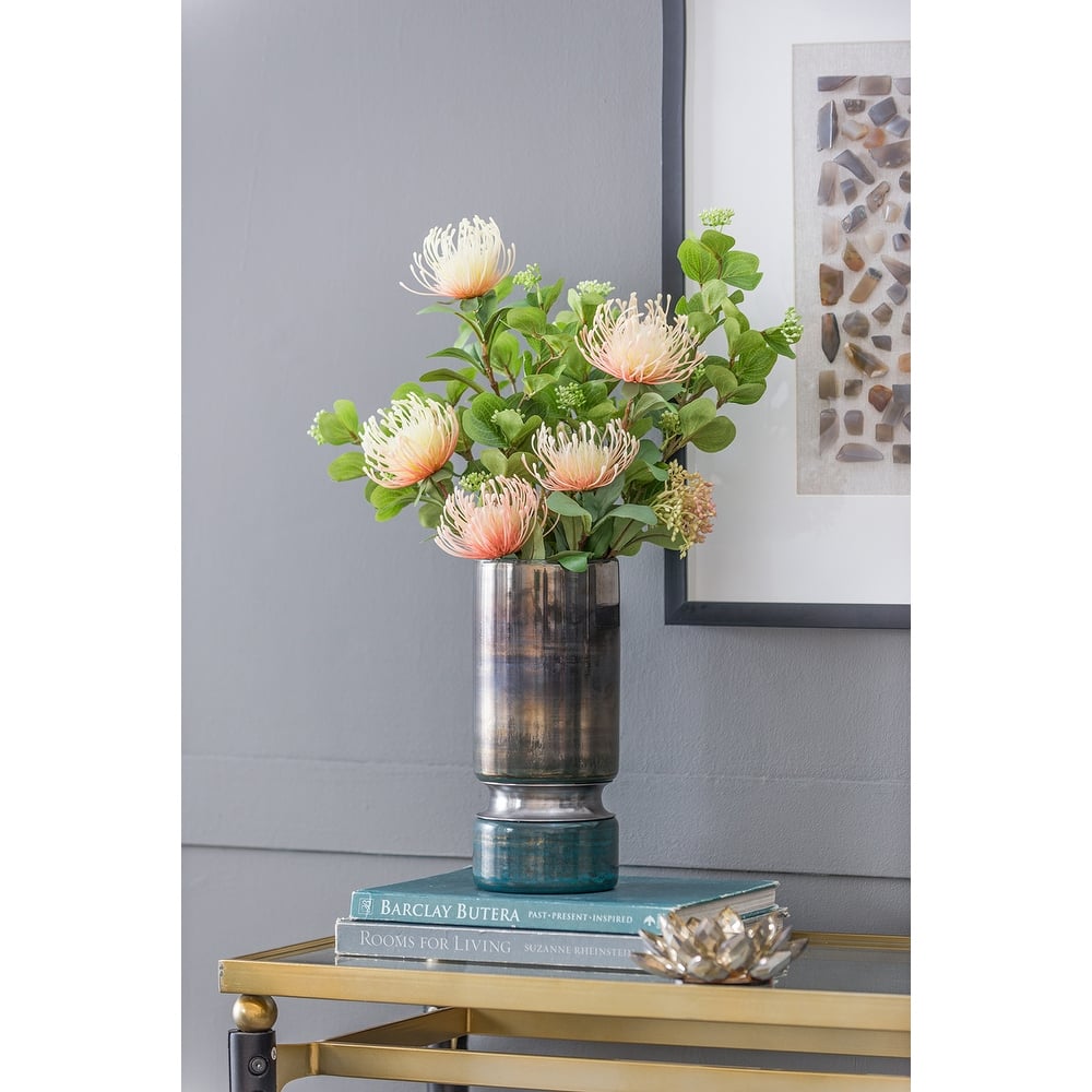 D5.1x13.2" Smokey Blue Glass Vase with Chrome Accent Modern Home Decor