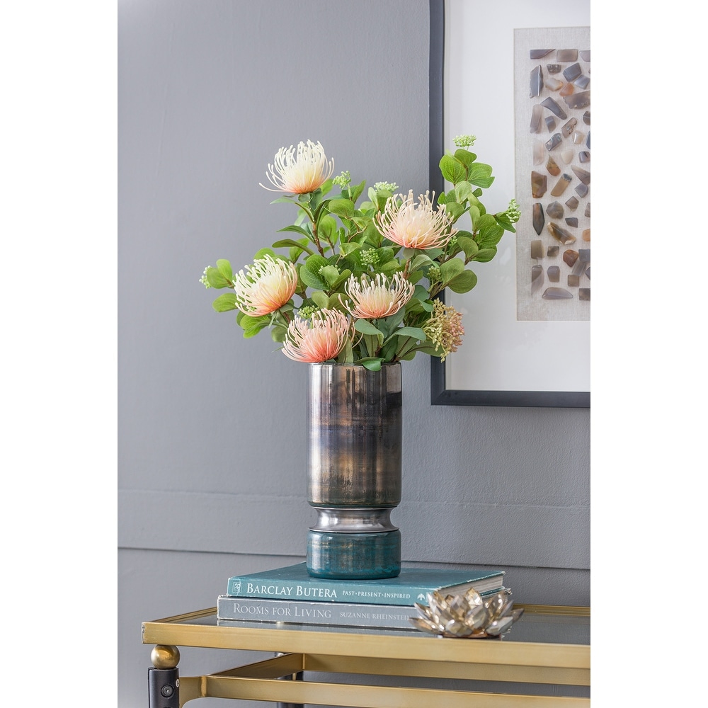 Stellar Smokey Blue Glass Vase with Chrome Accent for Modern Home Decor,Contemporary Artistic Floor Vase