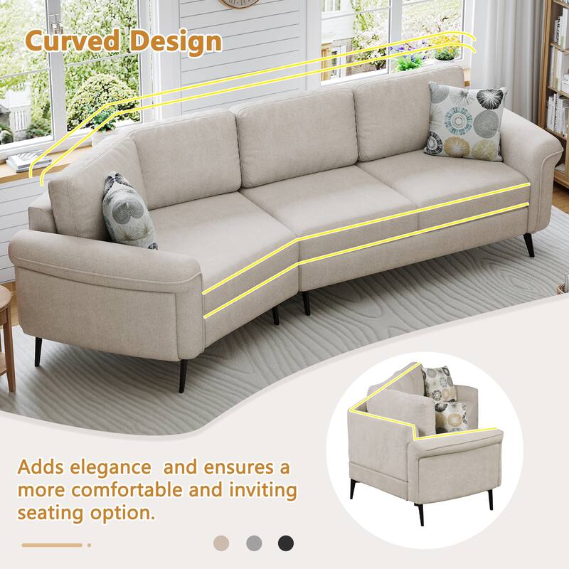 111" Chenille Curved 3-Seater Sofa with Removable Patterned Pillows