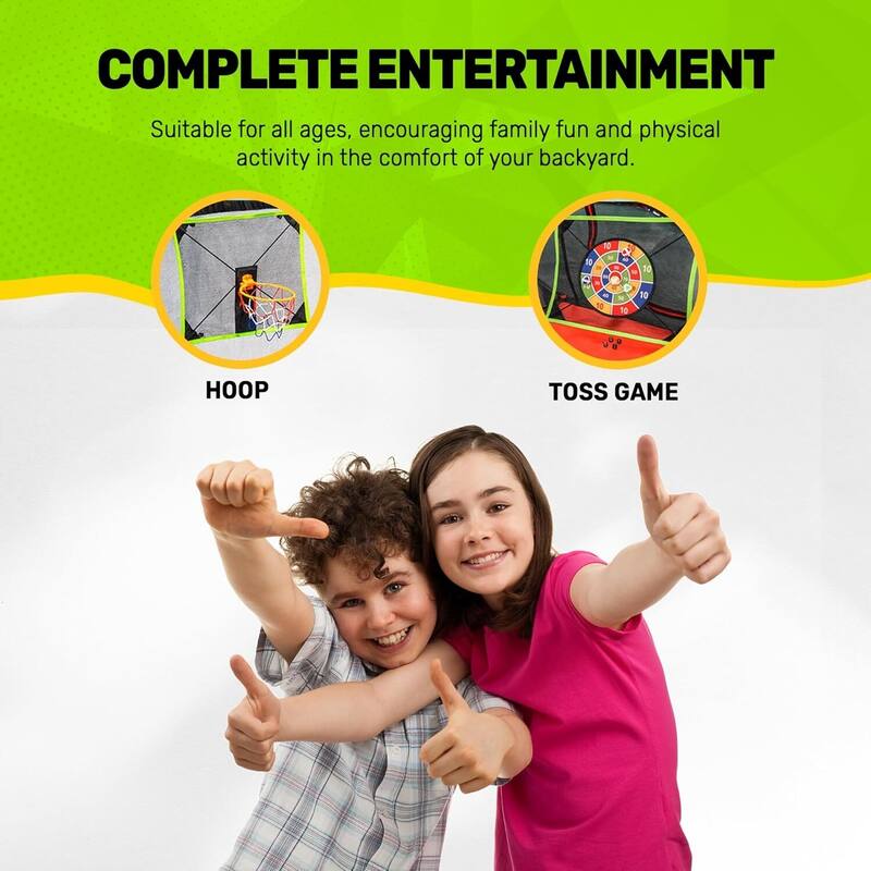 10x17 ft Multi-Level Oval Trampoline Combo - Dual-Height Jump Zones with Enclosure, Target Toss & Hoop - 204