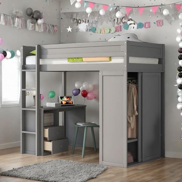 slide 2 of 10, Twin Size Wood Loft Bed with Wardrobes and 2-Drawer Desk with Cabinet,Space-saving,Superior Quality,Gray Gray