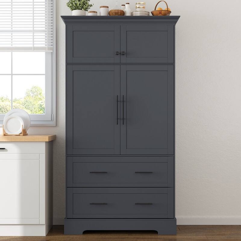 Farmhouse 72.6" Tall Kitchen Pantry with 4 Doors Storage Cabinet , 2 Drawers and Pull-out Trays for Cake Pan Storage Organizer - Grey