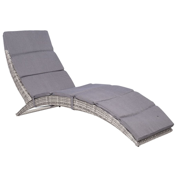 vidaXL Folding Sun Lounger with Cushion Poly Rattan Gray - 62.6" x 22.4" x 29.9"
