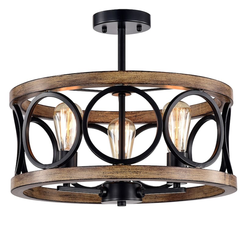 Shacer 3-light Hood Design Ceiling Lamp - Black/Faux-WoodGrain/Semi-Flush Mount