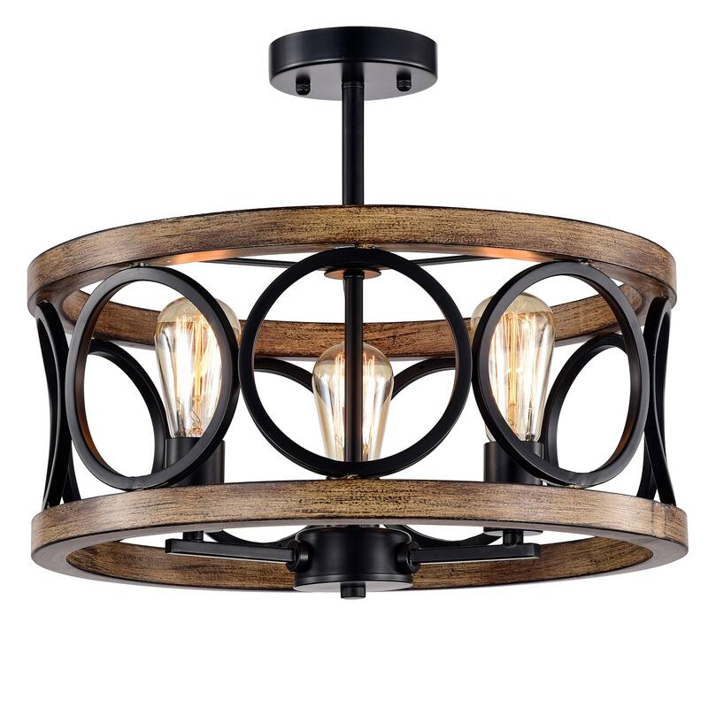 Shacer 3-light Hood Design Ceiling Lamp - Black/Faux-WoodGrain/Semi-Flush Mount
