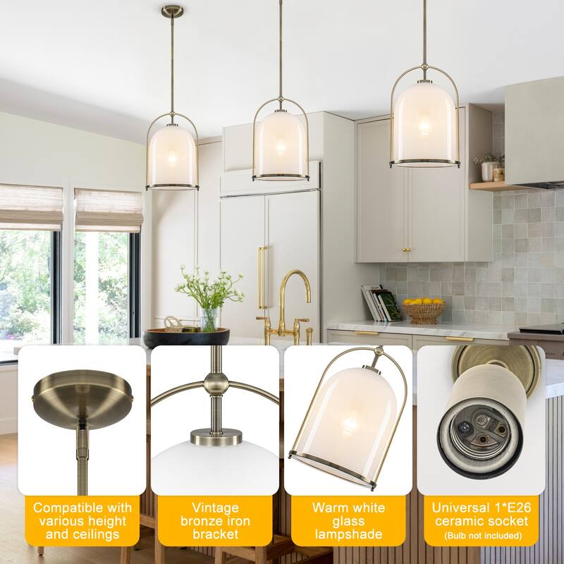 Brushed Gold Bucket Pendant Light with White Glass Dome Bedroom Foyer - Dia.11.02-in