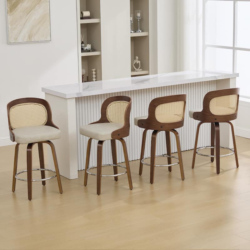 26" Upholstered Swivel Counter & Bar Stool with Rattan Back - 37.4"H x 19.09"W x 19.88"D