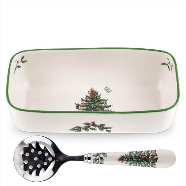 Spode Christmas Tree Cranberry Dish with Slotted Spoon - 8" L x 4.25" W x 2.2" H