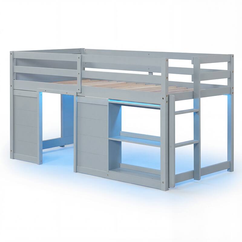 Gymax Twin Size Loft Bed w/ LED Lights 2 Doors Underbed Space & - Grey