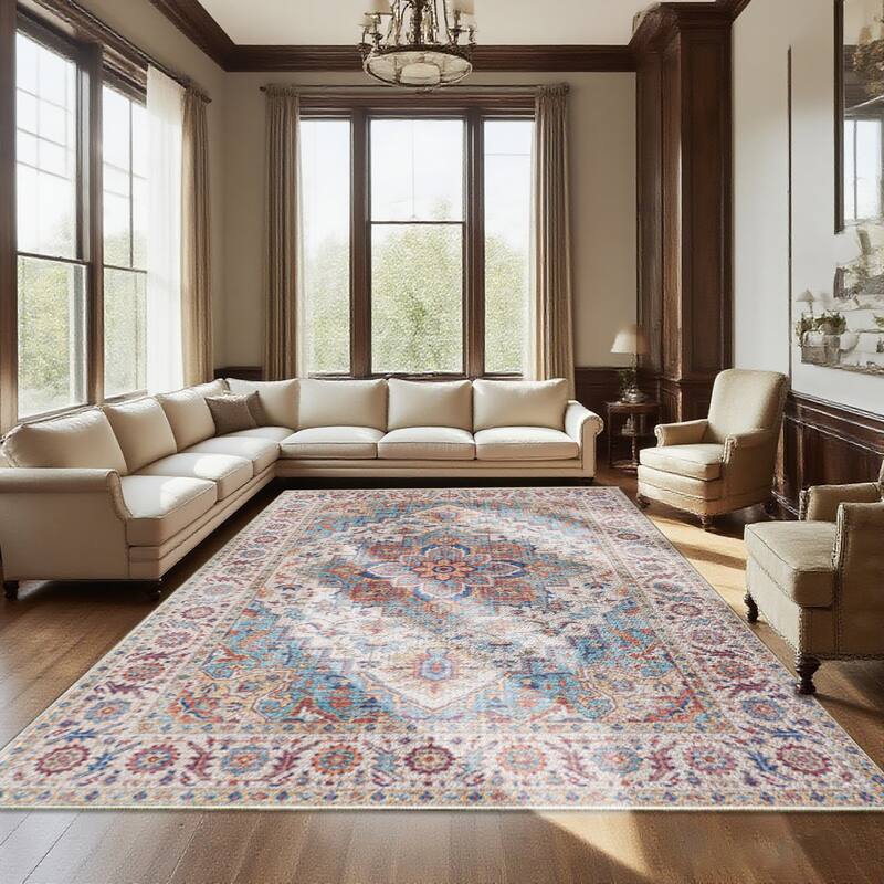 7FT x 5FT Vintage Bohemia Cotton Area Rug with Non-Slip TPR Backing for Indoor Living Room and Entryway - 6' x 7' - Red