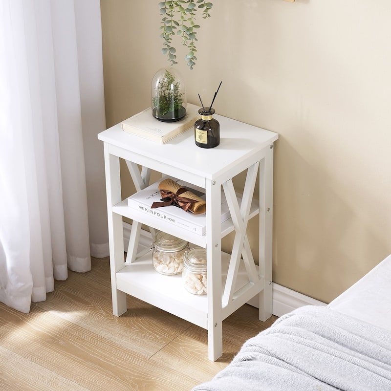 VECELO Modern White End Table with 3-tier Open Shelves - 15.7"L x 11.8"W x 24.2"H