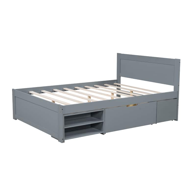 Full Size Modern Bed with Drawer and Storage Shelves