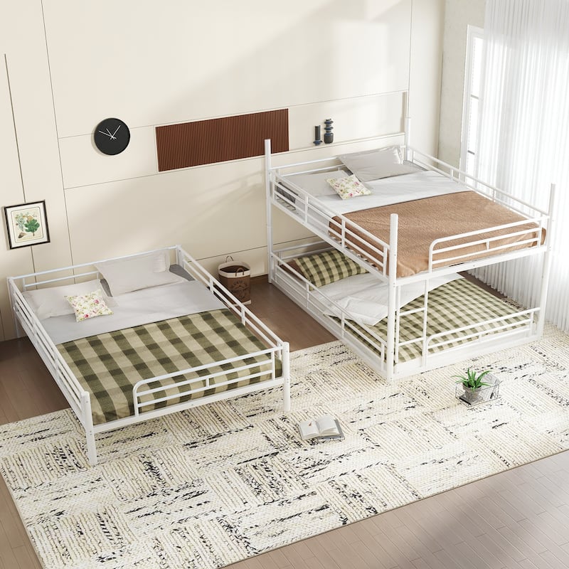 Queen over Queen over Queen Bunk Bed, Metal Triple Bunk Bed with Safety Guardrails, Bunk Bed with Noise-reduced Design