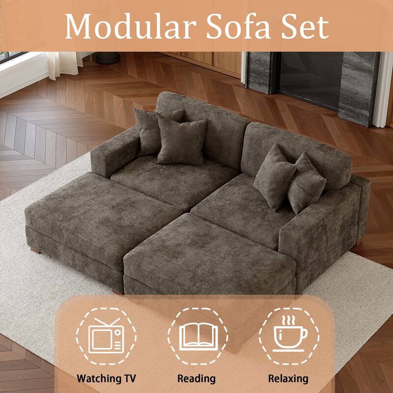 Oversized Chenille Modular Sectional Sofa Conversation Set with 2 Ottomans